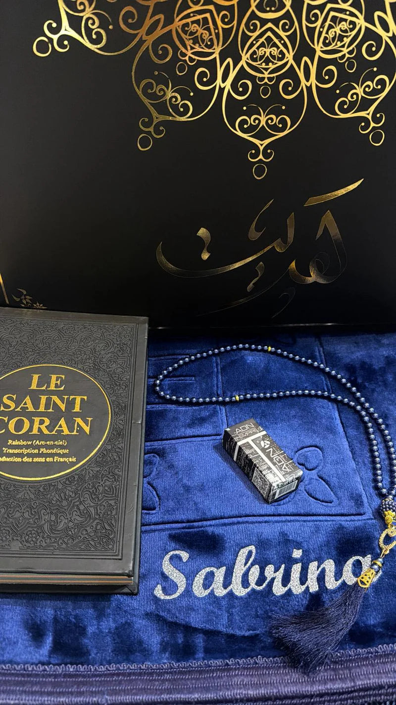 Coffret best seller ( coran , tapis personnalisé , musc et tasbih 📿)